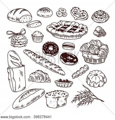 Collection Of Hand Drawn Baked Goods Outline Bread, Cookies, Donuts, Cupcakes, Buns Objects Isolated