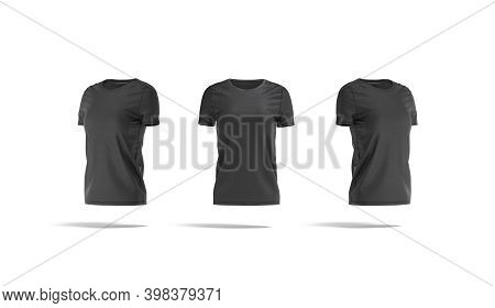 Blank Black Women T-shirt Mockup, Front And Side View, 3d Rendering. Empty Basic Undervest Tee-shirt