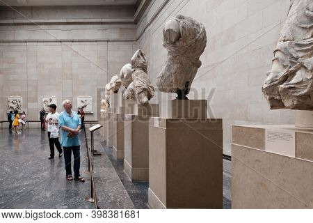 LONDON,UK - JULY 31,2019 : The Elgin Marbles, ancient greek antiquities from the Parthenon in Athens, at  the British Museum