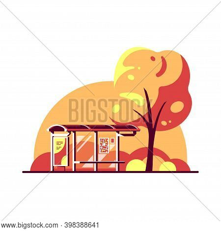 Autumn Landscape With Bus Stop, Flas Style Vector