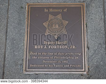 Philadelphia, Usa- June 11, 2019: Memorial Plate For Deputy Sheriff Roy J. Fortson Who Died In The L