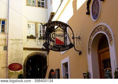 Salzburg, Austria - May 01, 2017: The Old Restaurant Gasthaus Zum Wilden Mann At Old Town In Salzbur