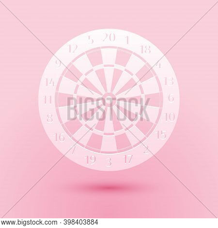 Paper Cut Classic Darts Board With Twenty Black And White Sectors Icon Isolated On Pink Background. 