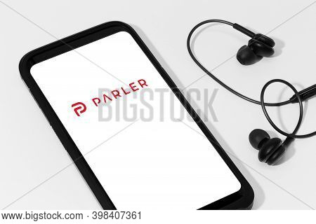 Galicia, Spain; December 07, 2020 : Smartphone Showing Parler App Logo On Screen