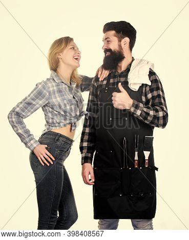 Backyard Barbecue Party. Couple In Love Getting Ready For Barbecue. Picnic And Barbecue. Man Bearded
