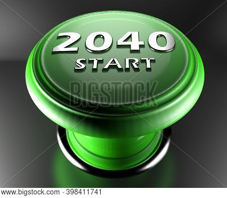 2040 Start Green Push Button On Black Background - 3d Rendering Illustration