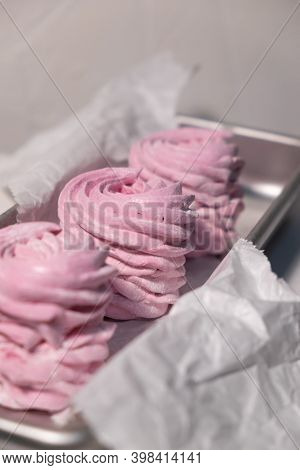 Pink Strawberry Homemade Zephyr Or Marshmallow In A Rectangular Oleum Plate. Side View, Close-up, Se
