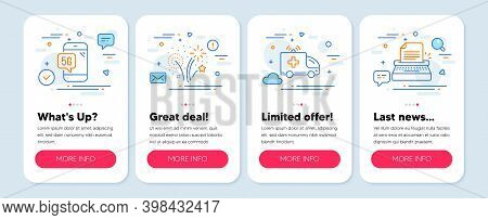Set Of Business Icons, Such As Fireworks, 5g Phone, Ambulance Car Symbols. Mobile App Mockup Banners