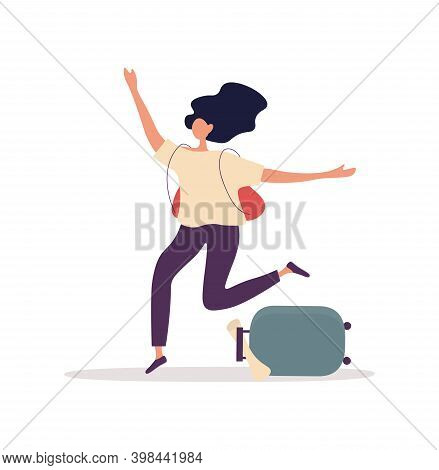 Happy Woman Throwing Her Luggage And Running To Meet Her Loved One. Female Character Is So Happy She
