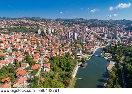 Aerial dronw wiev of city Uzice, town in Serbia, Balkans, Europe
