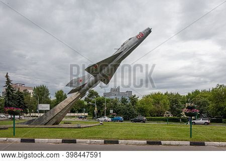 Zhukovsky, Russia - July 18, 2020: Mig-21 аirplane On A Pedestal In The City Center.