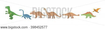 Dinosaurs Flat Icon Set, Cartoon Style. Collection Of Objects With Pterosaur, Stegosaurus, Tricerato