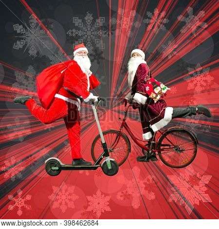 Meeting Of Two Santa Clauses. Santa Claus Rides A Scooter. Ded Moroz From Russia Rides A Bicycle. Co