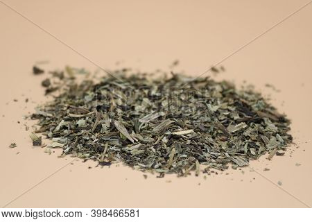 Dried Plantain Leaves On Background. Folium Plantaginis.