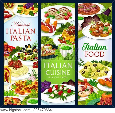 Italian Cuisine Vector Food Melon Horned With Ham, Italian Meatballs, Cannelloni, Zampone With Lenti