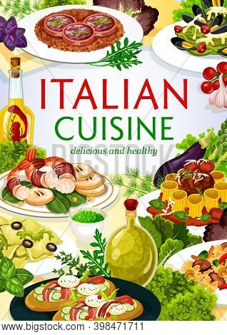 Italian Cuisine Vector Dishes Cannelloni, Zampone With Lentils And Raviolo, Farfalle And Spinach Pas