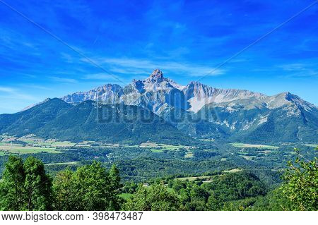 Panoramic View On Grande Tete De Obiou Mountain Range In French Prealps In Isere, Highest Peak Of De