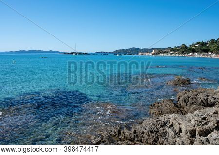 Summer Vacation On French Riviera, Crystal Clear Azure Blue Water Of  Mediterranean Sea In Saint Cla