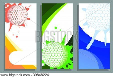 Golf Ball Hit The Wall With Splashes. Set Of Vertical Flyers. Templates For Sport Invitation, Banner