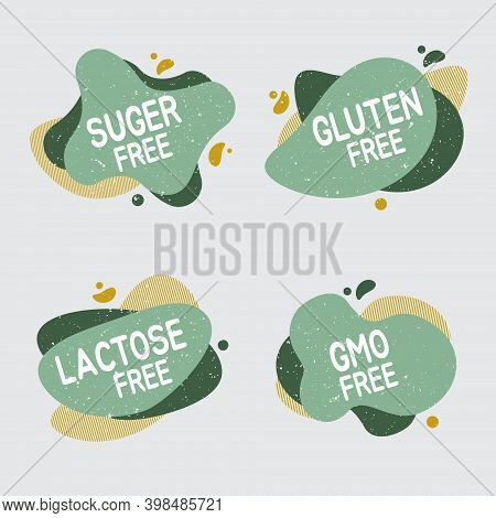 Set Of Allergen Free Badges. Lactose, Gluten, Sugar And Gmo Free. Vector Signs Of Allergen Contant F