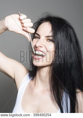 Strong Healthy Teeth. Woman With White Smile. Ideal Strong White Teeth, Teethcare. Stomatological Co