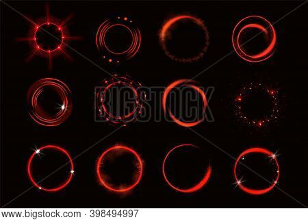 Glow Red Circles With Sparkles And Smoke, Magic Light Effect. Vector Realistic Set Of Shiny Rings An