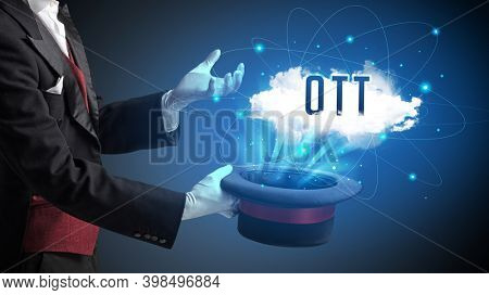 Magician is showing magic trick with OTT abbreviation, modern tech concept