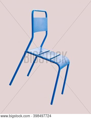 Simple Minimalist Blue Chair Made From Metal And Plastic Isolated On Pastel Background. Chair Hangs 