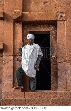 Lalibela, Ethiopia - Feb 13, 2020: Ethiopian People At The Church Of Bete Amanuel, Monolitic Church 