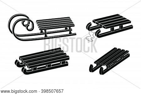 Sleigh Silhouette Vector Symbol Set. Winter Sledge For Children Icon Collection. Wooden Snow Sled Bl