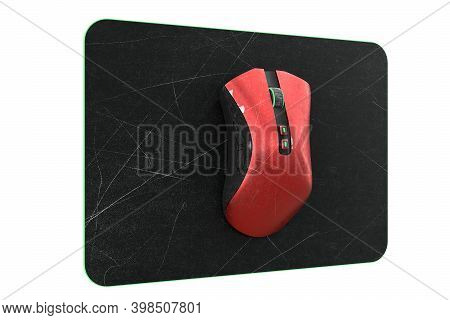 Used Metal Red Gaming Mouse With Scratches On Professional Pad Isolated On White Background Blackgro
