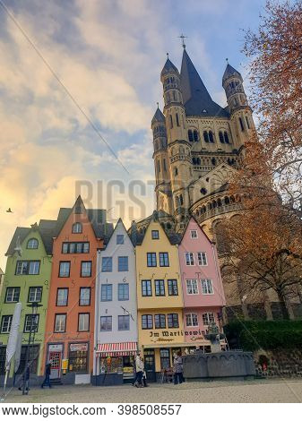 Cologne Germany November 2020, Alongside The Rhein River During Sunset With The Huge Cathedral In Ko