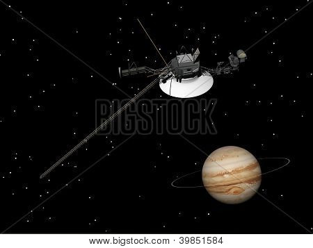 Voyager rymdfarkosten nära Jupiter och dess okända ringer - 3D Render