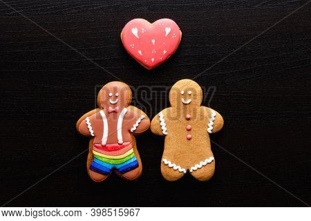 Gay Love. Valentine Day. Conceptual Background. Lgbt Pride. Happy Gingerbread Man Couple In Rainbow 