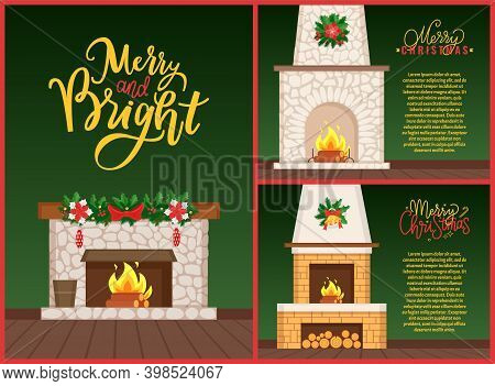 Merry And Bright Christmas, Flat Decorated Burning Fireplace With Firewood On Floor And Hanging Mist