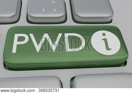 3d Illustration Of Computer Keyboard With The Script Pwd On Green Button, And An Information Icon Ab
