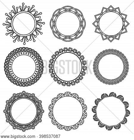 Openwork Round Frames With Black Outline, Vector Isolated Illustration, Design, Decoration, Wedding 