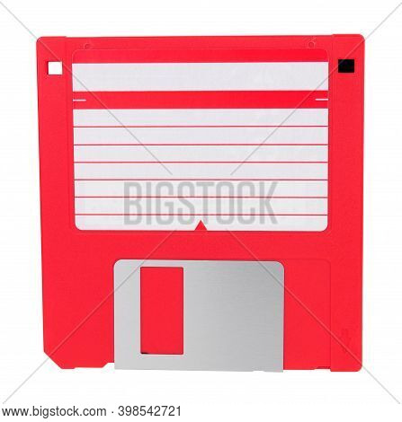 Red 3.5 Inch Compact Floppy Disk With Blank Label Isolated On A White Background