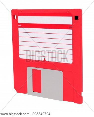 Red 3.5 Inch Compact Floppy Disk With Blank Label Isolated On A White Background