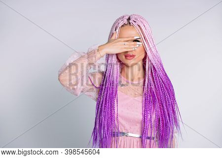 Young, Modern, Hipster Girl With Long Pink Hair, Posing At The Camera Hiding Eyes With A Hand, Lurki