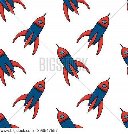 Hand Draw Rocket Or Spaceships With Austronaut In Open Space Seamless Pattern For Comic Cartoon Desi