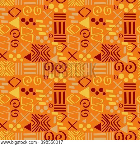 Tribal African Ethnic Seamless Pattern With Simple Lines And Figures In Bright Colors. Traditional O