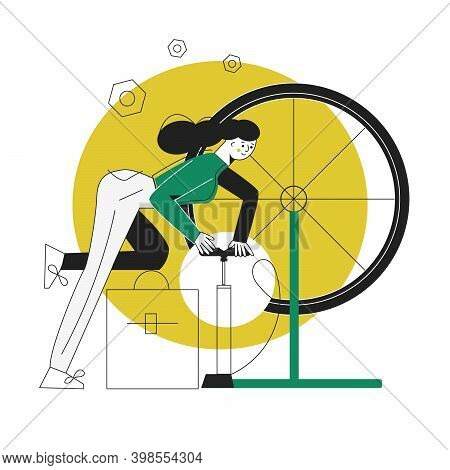 Woman Bike Mechanic In A Workshop In The Repair Process Flat Vector Illustration