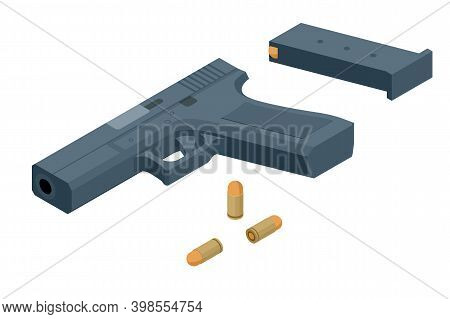 Isometric Pistol Isolated On White Background. Weapon Symbol. Gun With Ammunition.