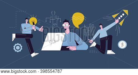 Teamwork Concept Idea Programming Coding Testing Launching Software Life Cycle. Modern Flat Vector I