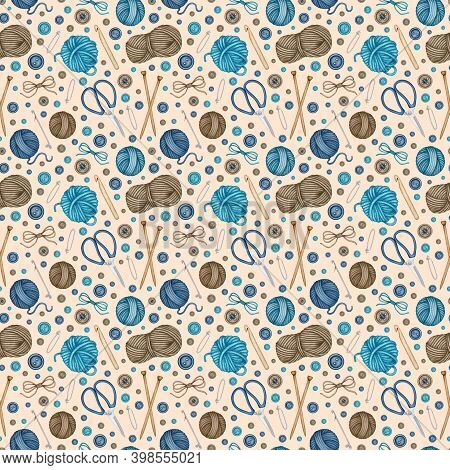 Watercolor Knitting And Crocheting Tools Seamless Pattern. Wool Yarn Skeins, Balls, Wooden Knitting 