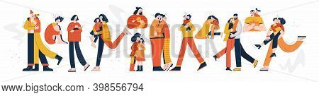 Hug Day Set Of Happy Couple Family Flat Vector Illustrations