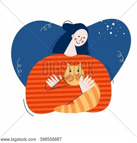 Hug Day Concept Flat Vector Illustration Happy Woman Embracing Cat