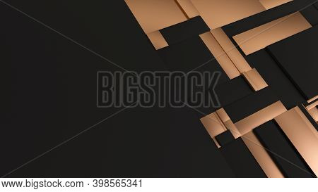 Black And Golden Tessellated Rectangular Surface. Abstract Background With Fragmented Tiles. 3d Illu