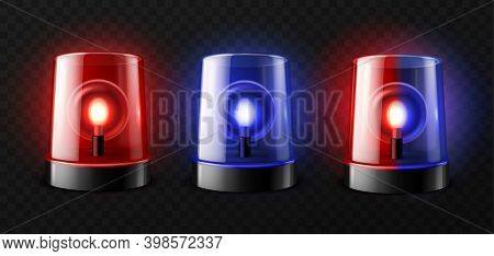 Realistic Ambulance Flashing. Red And Blue Rotating Light Alarm Closeup Sirens Front View, Emergency